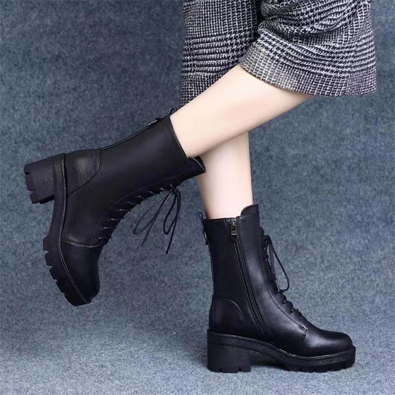 Autumn and winter medium heel short boots women's 2025 new boots pointed high heel lace-up soft leather showing feet thin velvet Martin boots