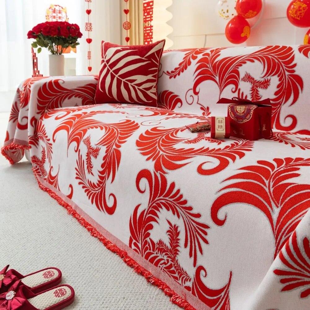 Chinese Wedding Sofa Cushion Cover Double Side Couch Cover Sofa Slipcover Universal Jubilant Anti-cat Sofa Cover 1.2.3.4 Seat