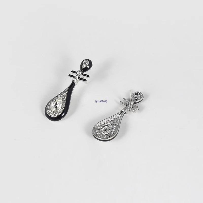 925 Silver Retro Black Pipa Earrings for Women – National Style Stud & Dangle Cheongsam Accessories