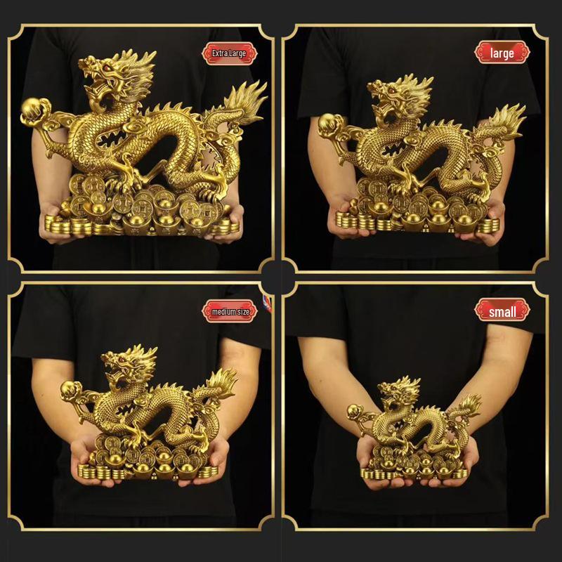 Solid Copper Dragon Ornament: Zodiac Dragon with Treasure Basin for Home or Office Decor - Five-Clawed Han Dragon Design
