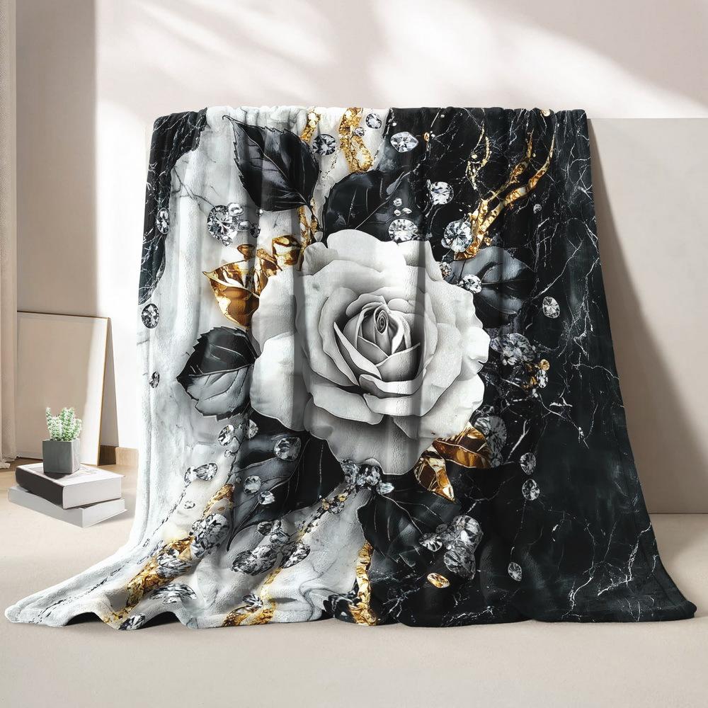 Black White Marble White Rose Flannel Throw Blanket Gold Vein Diamond Floral Decor Blanket
