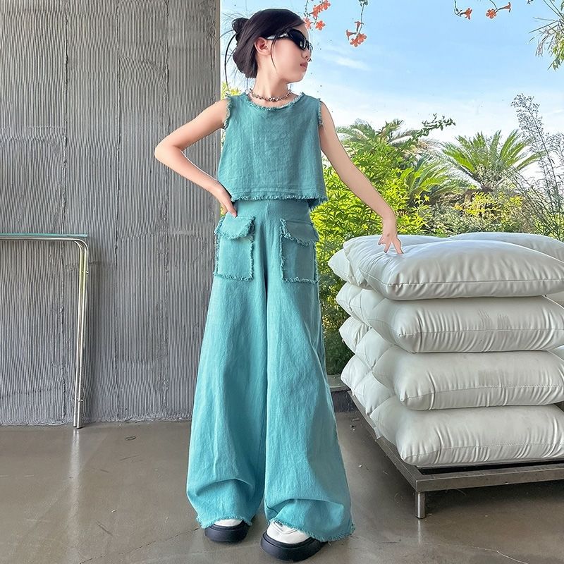Women's Mid Size Summer Suit Fashionable Sleeveless Vest Children's Wide Leg Pants Fashionable Two-piece Set Trendy