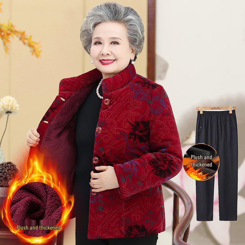 Fleece-Lined Winter Jacket for Middle-Aged and Elderly Women: Grandma Style, Thickened Cotton, Two-Piece Set (Top and Jacket).