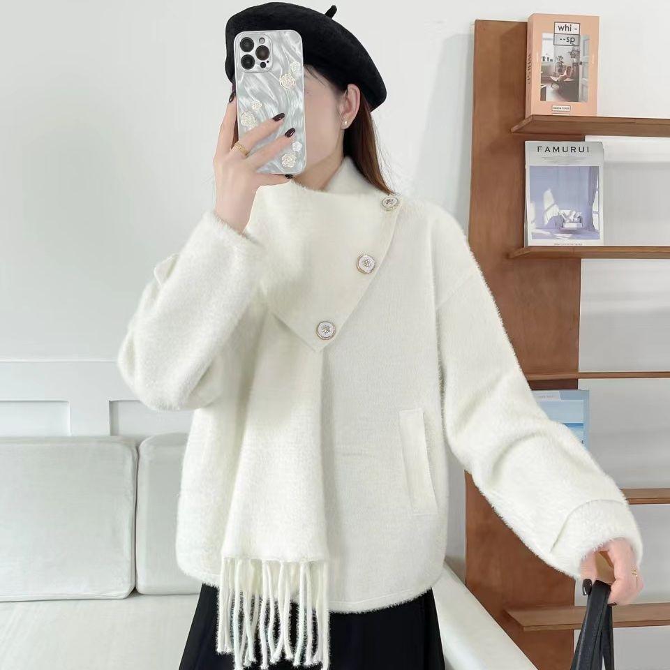 Französischer Rosa Schal Dopamin Pullover Mantel: Damen Winter Locker Gestrickte Strickjacke