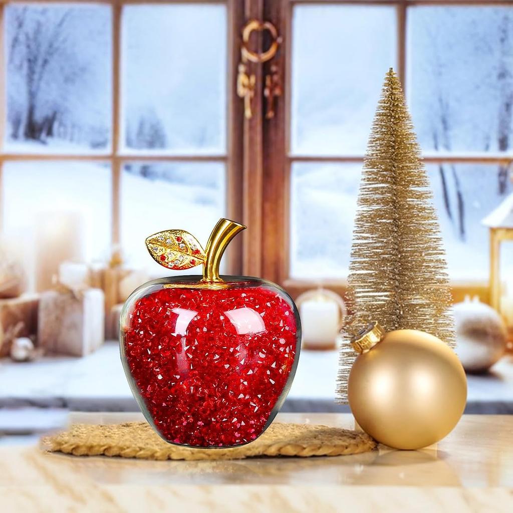 Crystal Apple Figurine Artificial Glass Apple-Shaped Paperweight Home Decor Filled with Fake Diamonds Fruits Collectibles Art (Red)