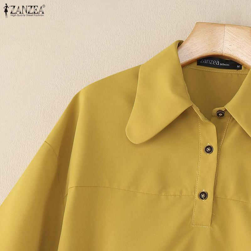 ZANZEA Damska casualowa luźna bluzka z krótkim rękawem, z kołnierzykiem i nadrukiem