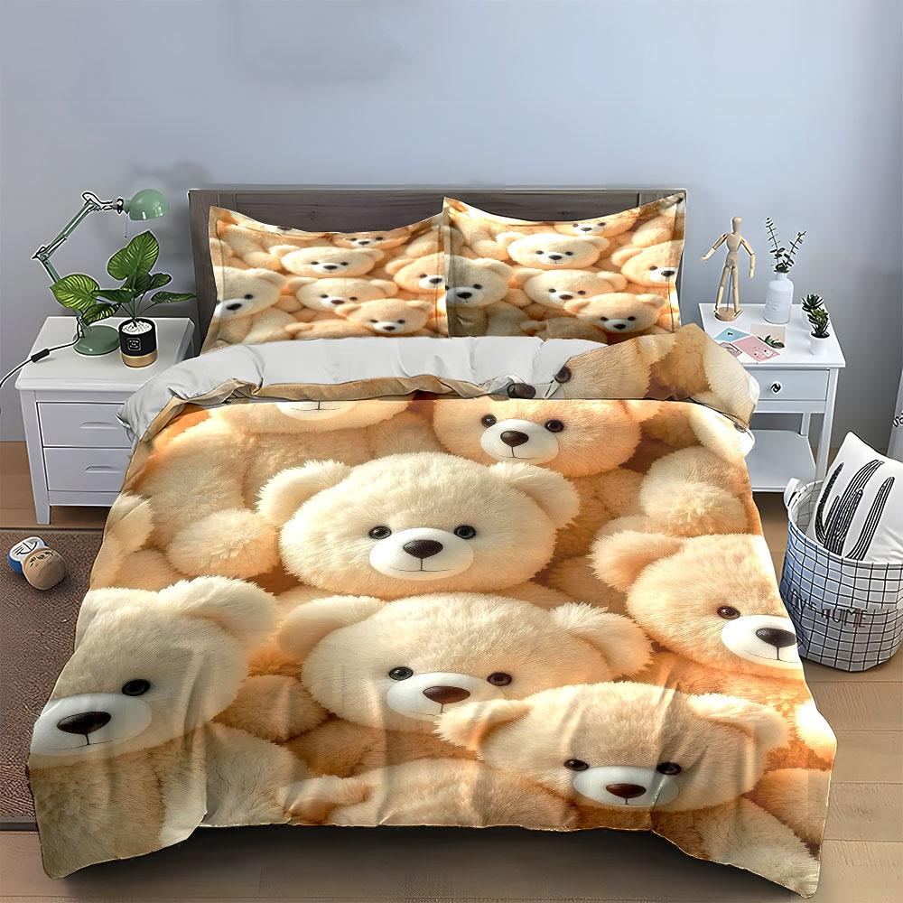 Soft Plush Teddy Bear Set Soft Skin-Friendly Bedding Set Includes 1 Duvet Cover And 2 Pillowcase Gift
