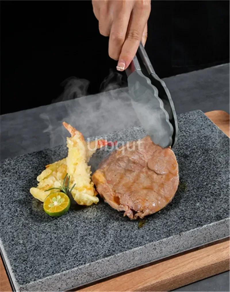 High temperature resistant volcanic rock natural stone steak tray grill plate granite slab board frying plate rock stone slab