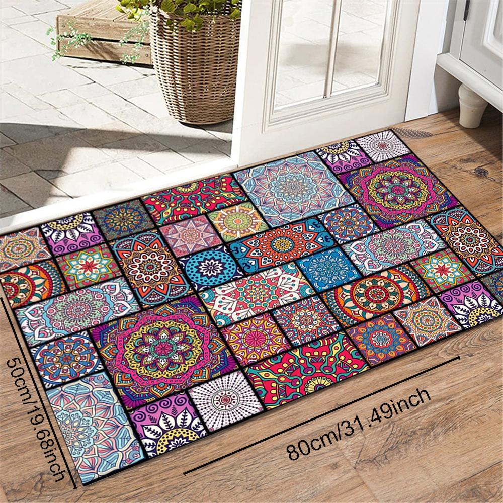 1Pc 1cm Thickened Persian Geometric Splicing Door Mat Soft Flannel Entrance Door Mat for Home Decor Anti-Slip Carpet Absorb Water Kitchen Bath Mat