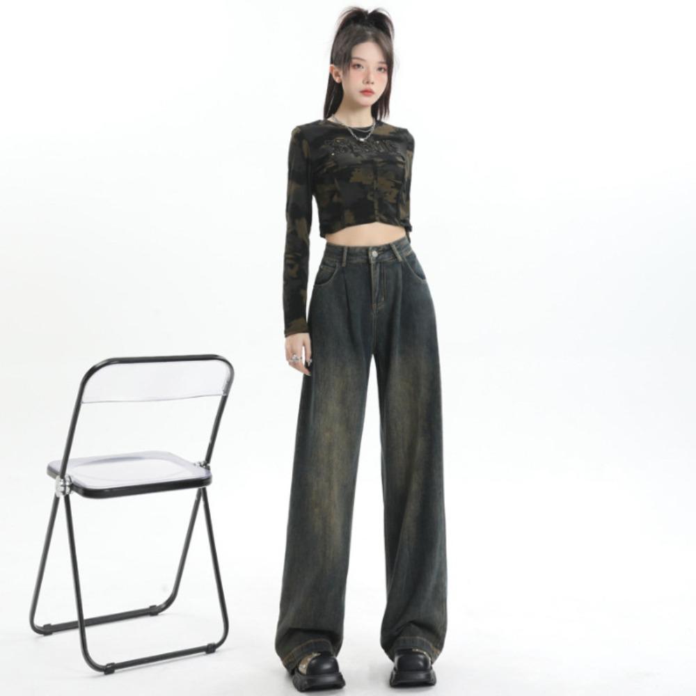 Lazy Wind High Waist Wide Legs Cement Gray Jeans Women's Thin Loose Versatile Straight Drape Pants
