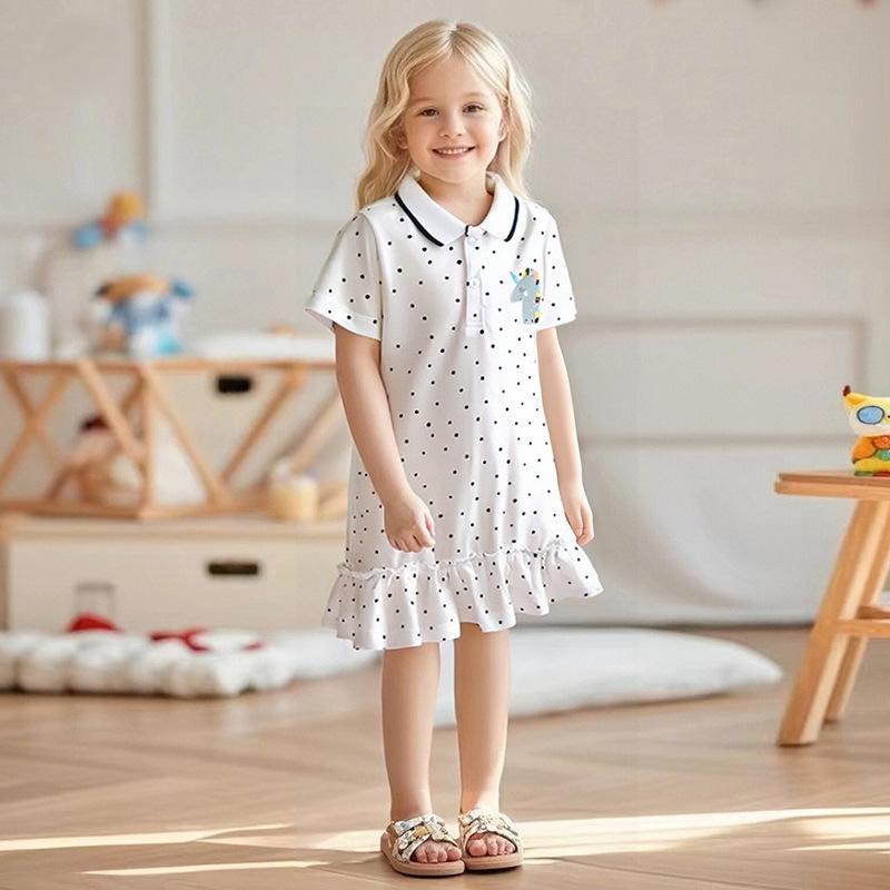 

Summer Style Girls Polka - Dot White Dresses Knitted Short Sleeve Lapel Dress for Children s Clothing Preschool Uniforms 3Y білий