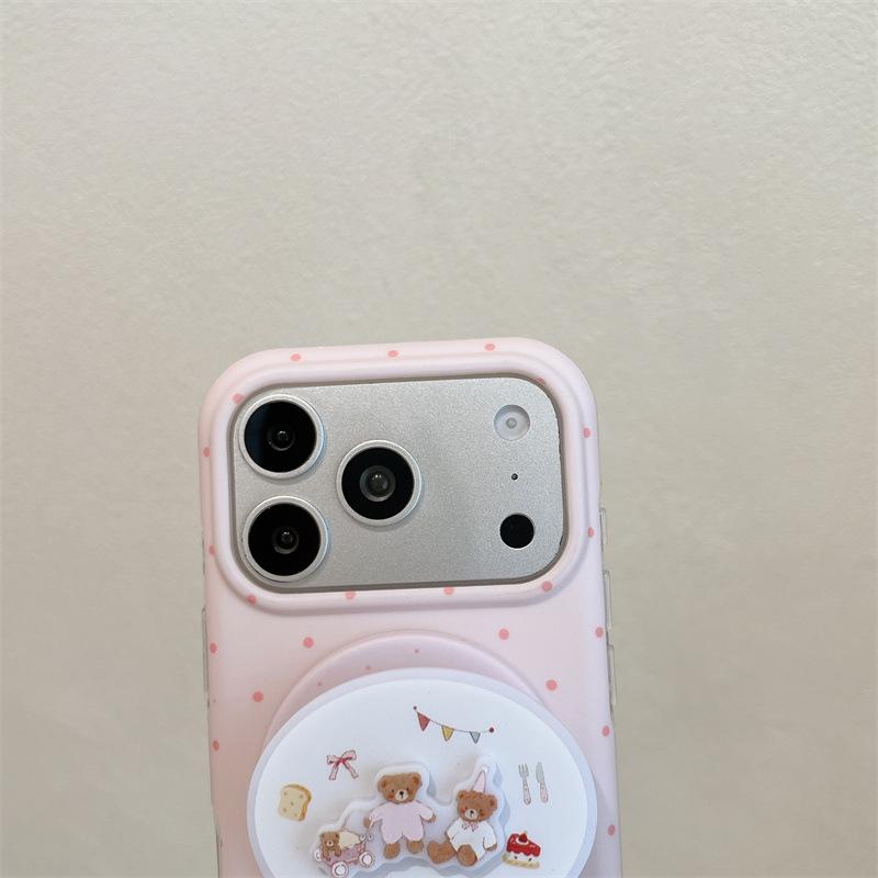 Pink Polka Dot Little Bear Magnetic Phone Case for iPhone 17, Apple 16 Pro Max, 15, 14 - Girly Design