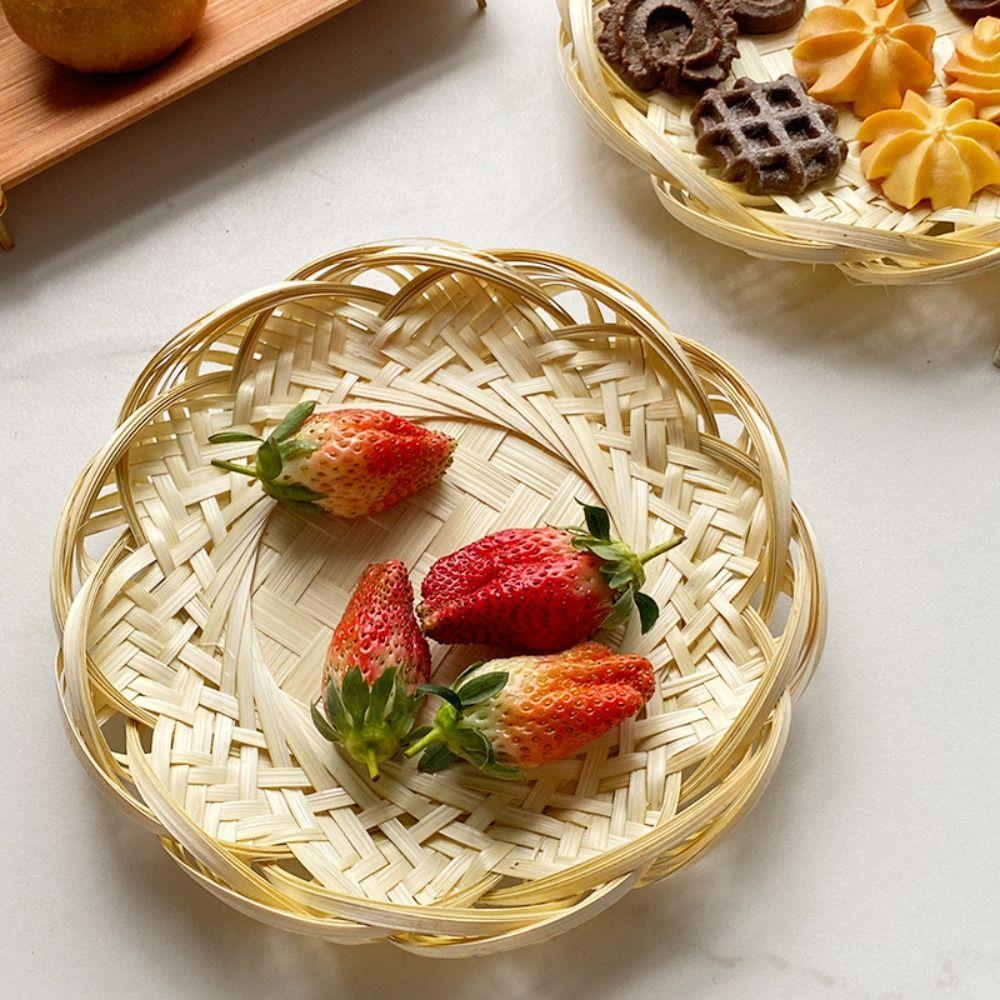 Round Wicker Bread Basket Home Organizer Bamboo Woven Basket Decorative Serving Tray  Living room