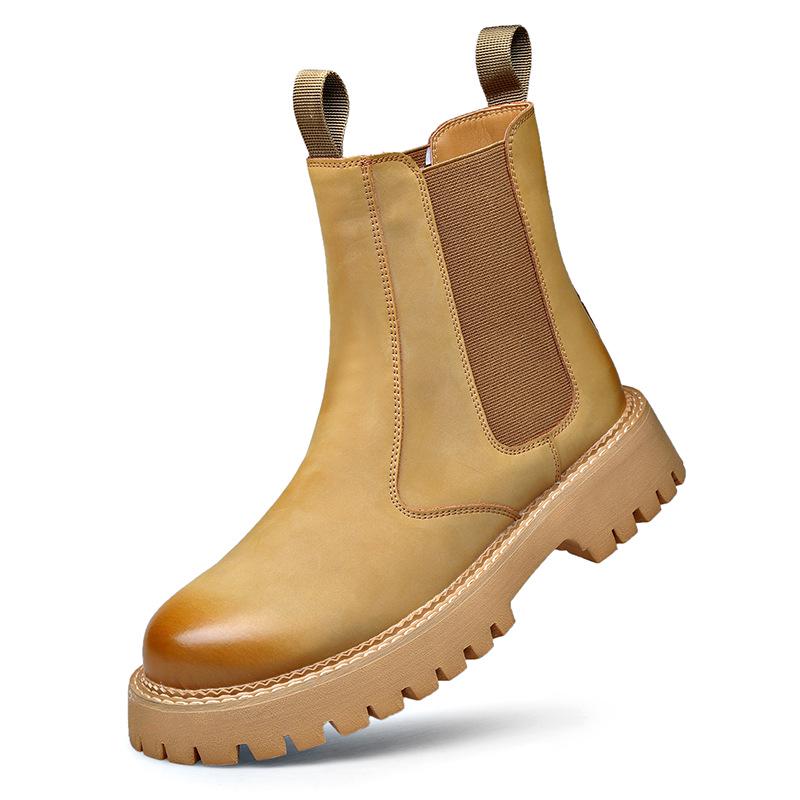 Men's High-Top Genuine Leather Martin Boots - Yellow, Thick Sole, Lightweight, Elastic Slip-On, Warm, Casual Work Boots for Autumn and Winter.