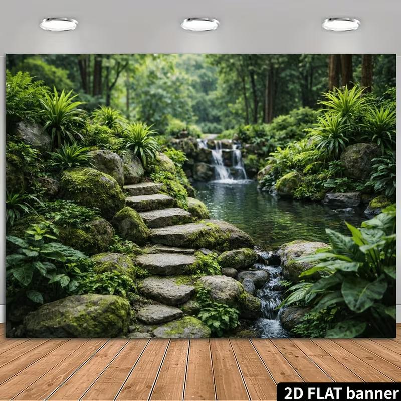 2D Japanese Garden Banner, Stone Steps & Waterfall Backdrop for Decor & Studio 47.2x31.5inch/120*80cm