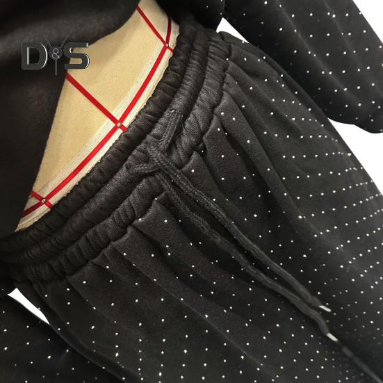 2 Pcs/Set Women Top Pants Suit Round Neck Long Sleeves Rhinestone Decor Sweatshirt Elastic Waist Wide Leg Trousers Daily Wear Sport Outfit Fall