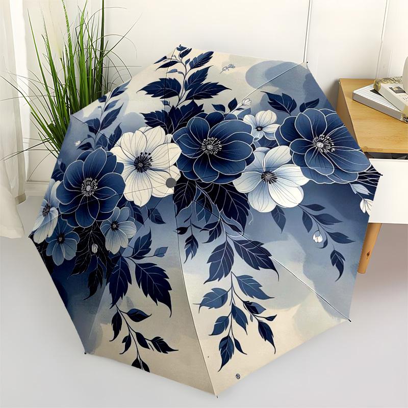 1pc Blue and White Floral Circular Design Umbrella with Plastic Handle,Suitable for All Seasons Umbrellaptys26056