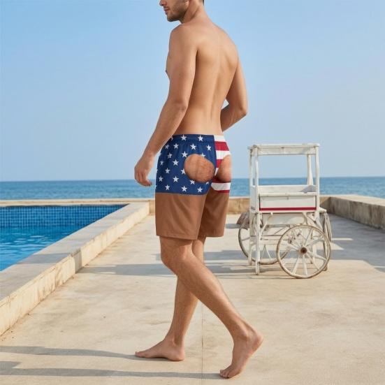 Novelty 3D Graphic Swimwear Hairy Big Booty Shorts, Men Funny Butt Print Beach Relaxed Fit Lounge Shorts Cheeky Briefs Pattern Swim Trunks for Summer