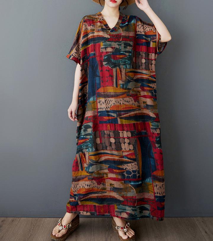 Summer Plus Size Loose Fit Vacation V-Neck Short Sleeve Maxi Dress Women Beach