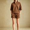 Damen Lässiges Sport-Zweiteiler-Set mit halbem Reißverschluss und geripptem Kragen, Kurzarm-Oberteil und Shorts, Loungewear