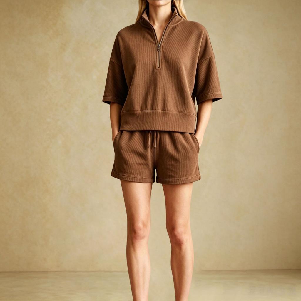 Damen Lässiges Sport-Zweiteiler-Set mit halbem Reißverschluss und geripptem Kragen, Kurzarm-Oberteil und Shorts, Loungewear
