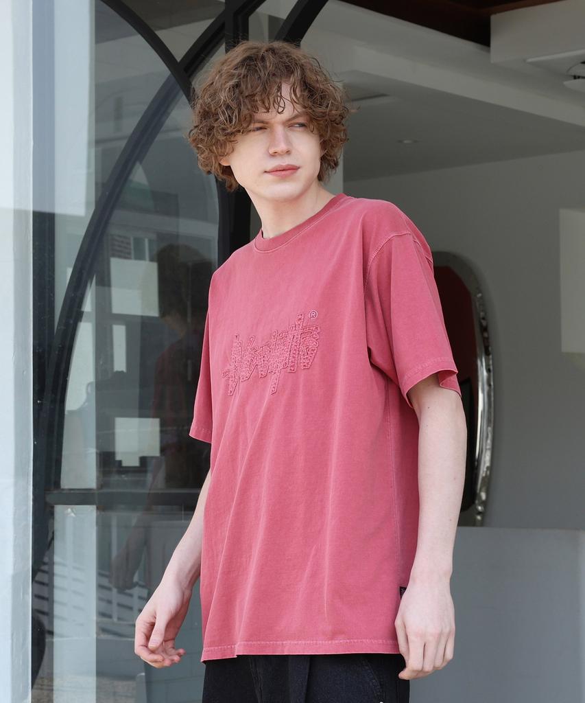 Yosemiti Applique Embroidery Pigment Short Sleeve T-Shirt Wine Yt-306