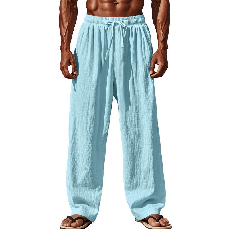 New Cotton and Linen Loose Men's Large Size Loose Solid Color Casual Lace-up Trousers