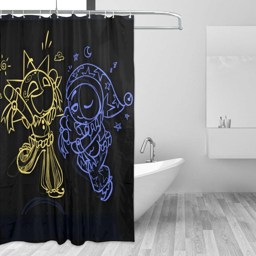 Sun And Moon Characters Shower Curtain With Hooks, Removable Bathroom Curtain, Birthday Gift, Polyester, Bathtub Partition, Bath