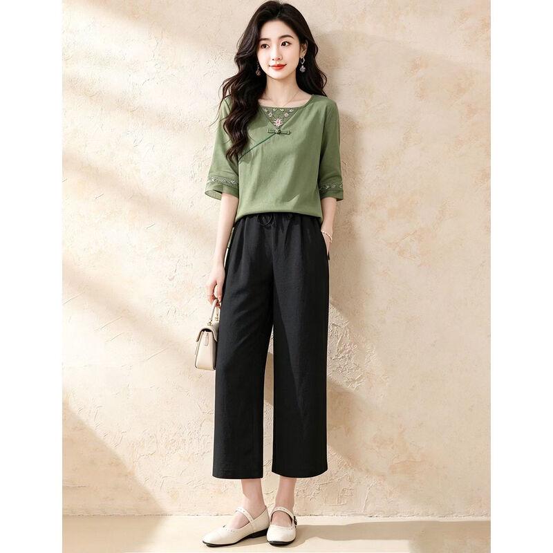 D.F.DEAR Women's Embroidered Frog Button Top & Wide-Leg Pants Set
