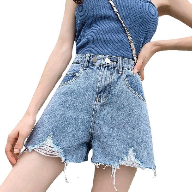 Pants Classic and Minimalist Fashion Versatile Broken Holes Female Loose Wide-leg Thin High-waisted Outside Wear Summer Denim Shorts Individuality