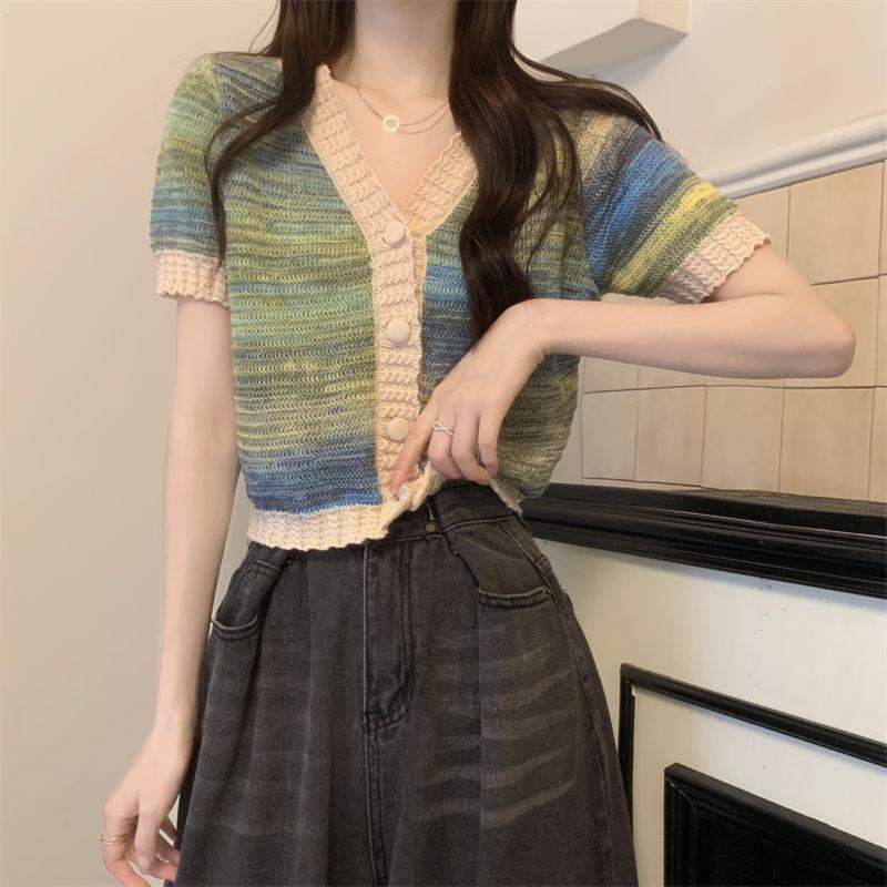 Color Blocking Tie Dye V-neck Temperament Small Fragrance Style Short Sleeved Knitted Shirt Loose Slimming Short Top for Women In Summer