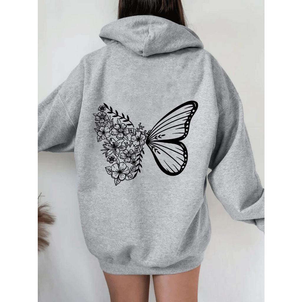 Women'S Fleece Shoulder Sleeve Sweater Letter Print Kangaroo Pocket Drawstring Butterfly Hoodie