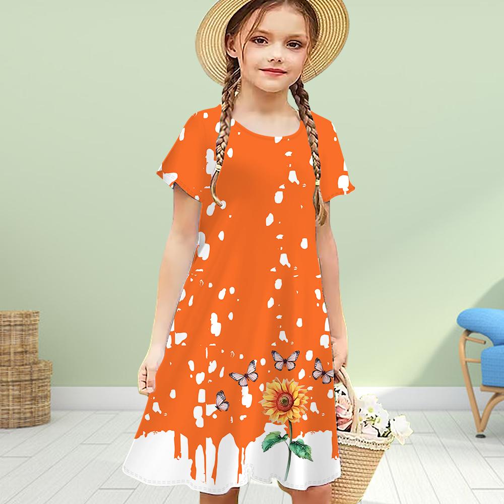 Girls 3D Print Sunflower Dresses Kids Girl Party Short Sleeved Princess Dress 3D Print Dress