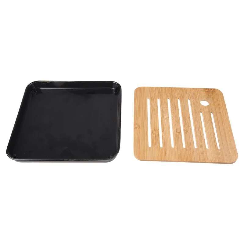 Bamboo Chinese Gongfu Tea Tray Box with Water Storage Drainage Serving Wood Marble Holder Table