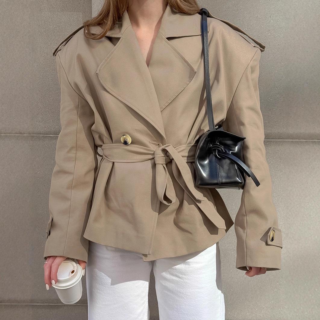 

2025 Autumn Women s Khaki Trench Coat: Trendy Lace-Up, Waist-Cinching, Mid-Length Design L