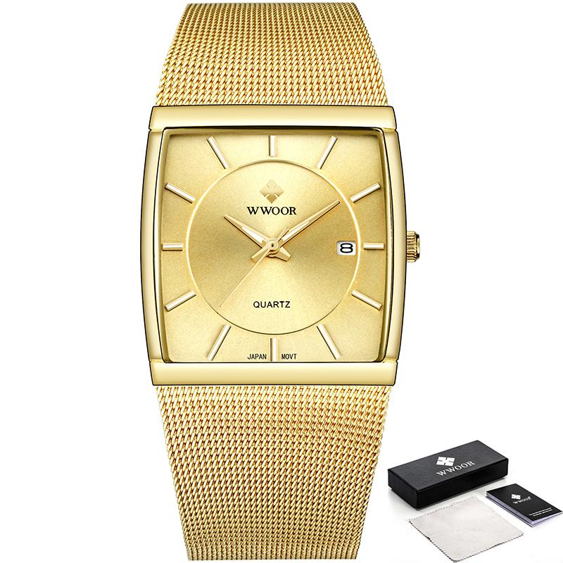 WWOOR Top Brand Men's Watches Business Luxury Square Men Quartz Clock Waterproof Date Stainless Steel Ultrathin Watch For Men