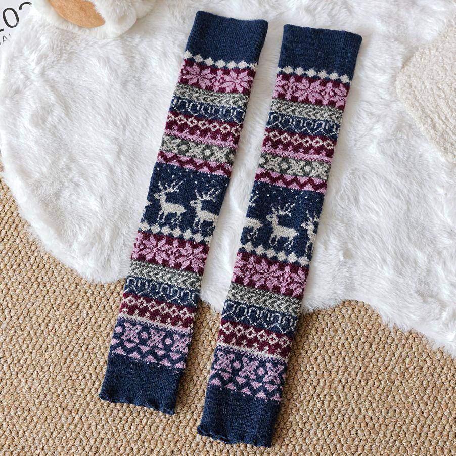 

Little Deer Snowflake Over-Knee Wool Slouch Socks - Warm Rabbit Design, Trendy JK Style for Women One Size синій