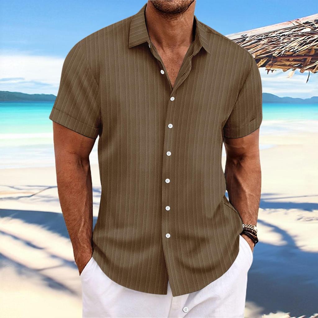 Herren Baumwolle Leinen Gestreift Atmungsaktiv Jacquard Kurzarm Freizeithemd