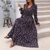 A-Line Dress Women Floral Print Ankle-Length Long Sleeve Casual High Waist Spring Summer V-neck Elastic Dresses