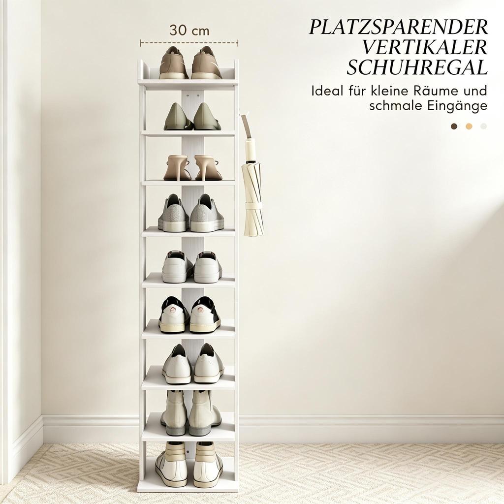 Shoe rack with 9 levels, storage for up to 9 pairs of shoes with top shelf and 2 hooks