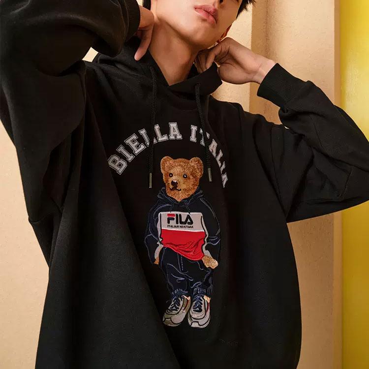 Fila American Style Sweatshirt Autumn Cartoon Bear Pocket Letter Print Casual Sweatshirt Men Sweatshirt Black F51M239299F-BK