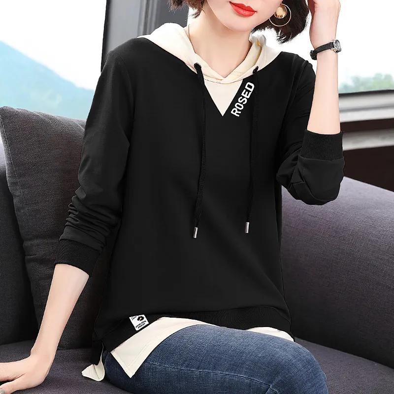 Hooded Sweater Women's Fall and Winter Striped Long-sleeved T-shirt Big Yards Bottoming Solid Color Shirt Casual Pullover