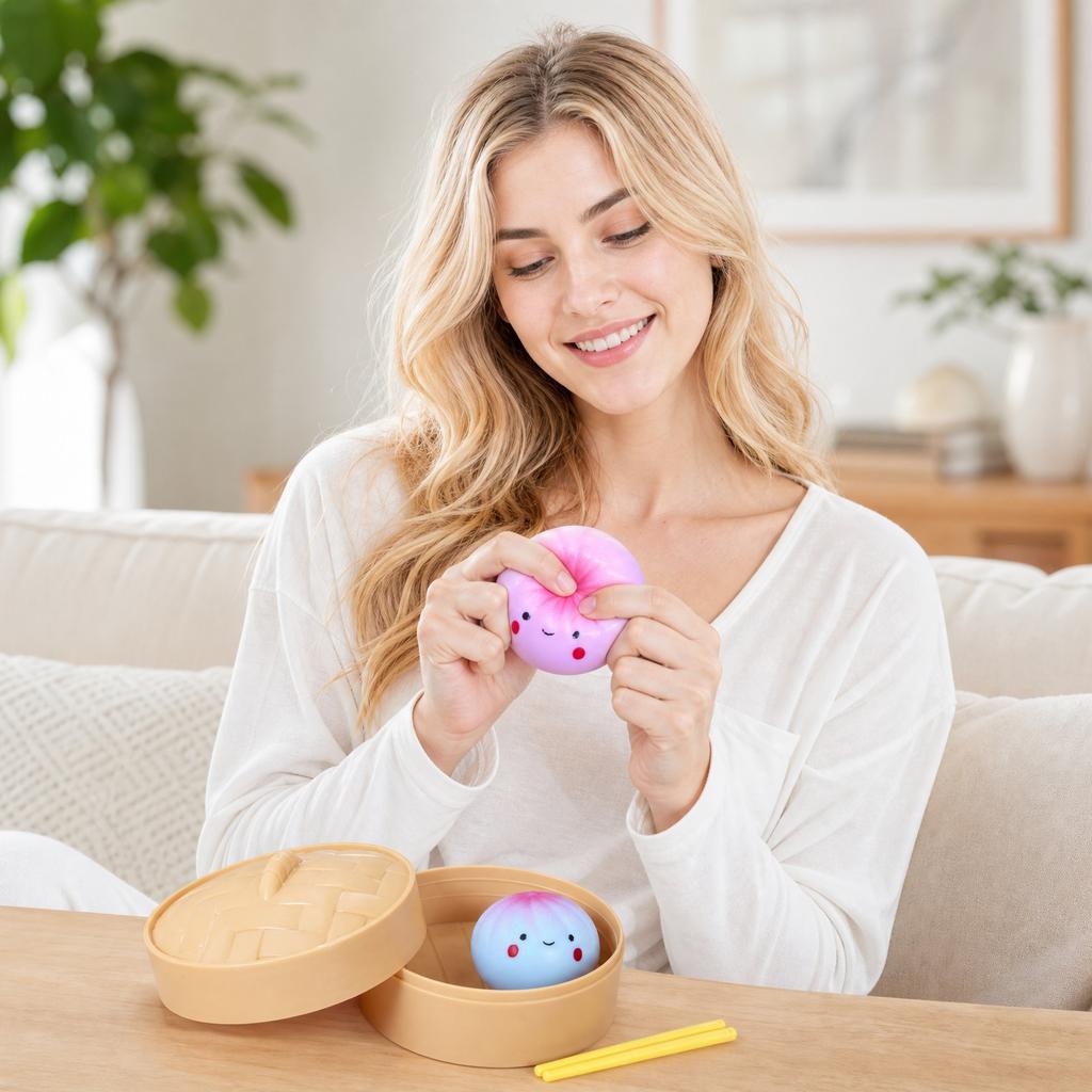 Stress Relief Toy Set Includes Two Soft Squeeze Dumpling Toys with Bamboo Steamer Container and Chopsticks for Sensory Play and Anxiety Reduction