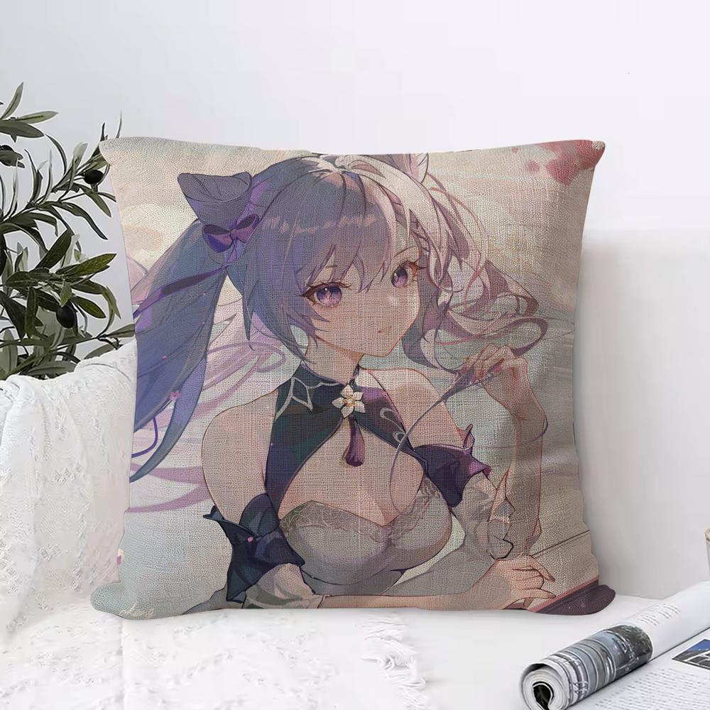 Genshin Impact Keqing Cushion Cover Eco Linen Pillow Case DoubleSided Print Breathable Durable Zipper Home Decor Gift
