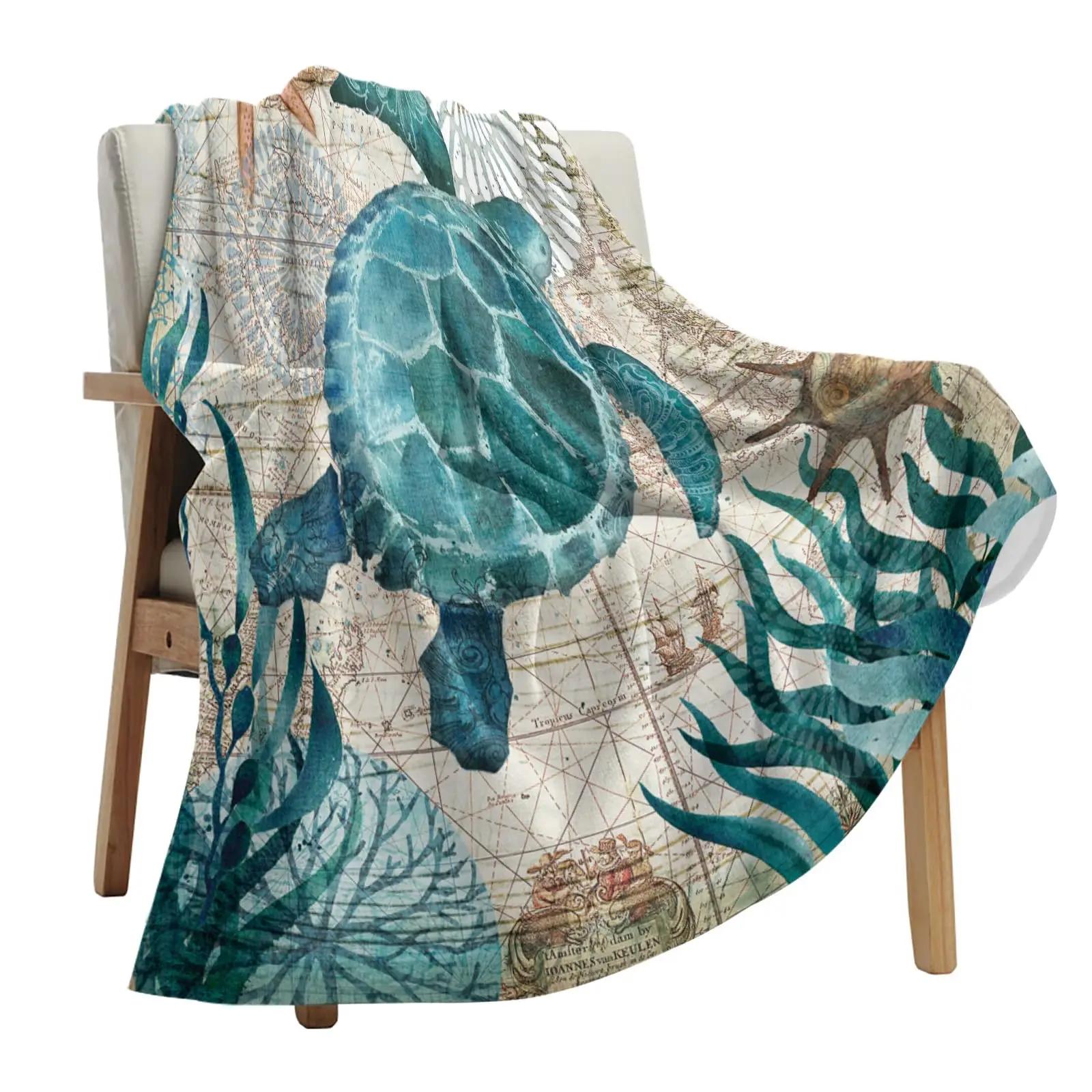Sea Turtle Throw Blanket Ocean Animal Turtles Theme Living Room Decor Blanket Underwater World Lightweight Flannel Blankets 75x90cm