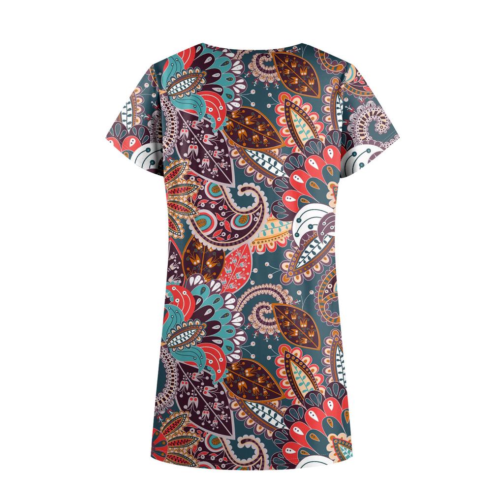 Women's Summer Casual Square Neck Pleated Front With Pocket Printed Short Sleeve Dresses