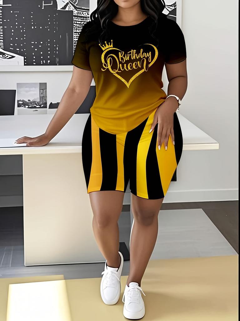 1116 new casual sports style digital printing shoulder sleeve T-shirt high waist tight shorts fashion suit women