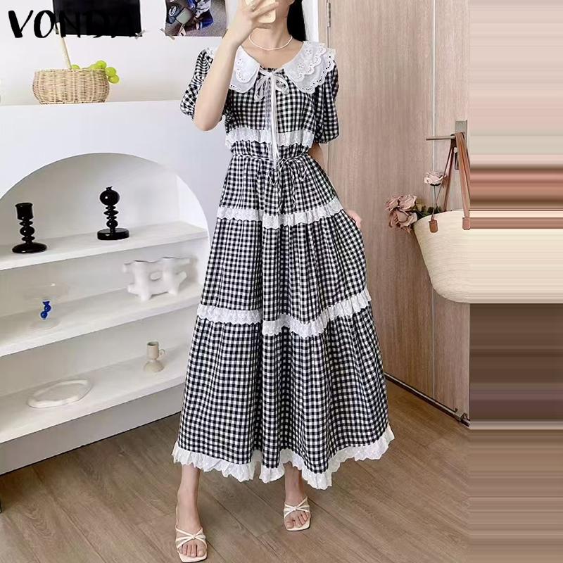 VONDA Rochie Maxi Casual Plisată cu Rever Croșetat pentru Femei, cu Imprimeu Carouri