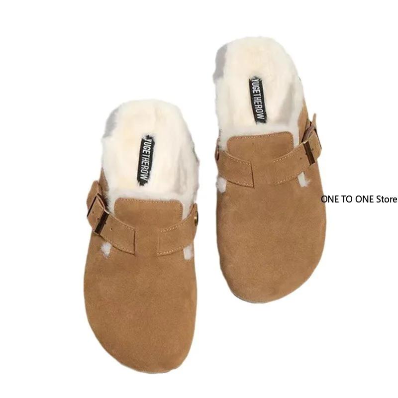 Fashion Women's Slippers 2025 Autumn Winter Leather Round Toe Slippers Couple Slippers Outdoor Casual Keep Warm Women Suede Slides Mujer
