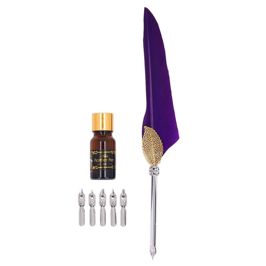 Quill Pen Set Exquisite Feather Design Retro Hollow Style Calligraphy Pen with Empty Ink Bottle Metal Nib SP101014